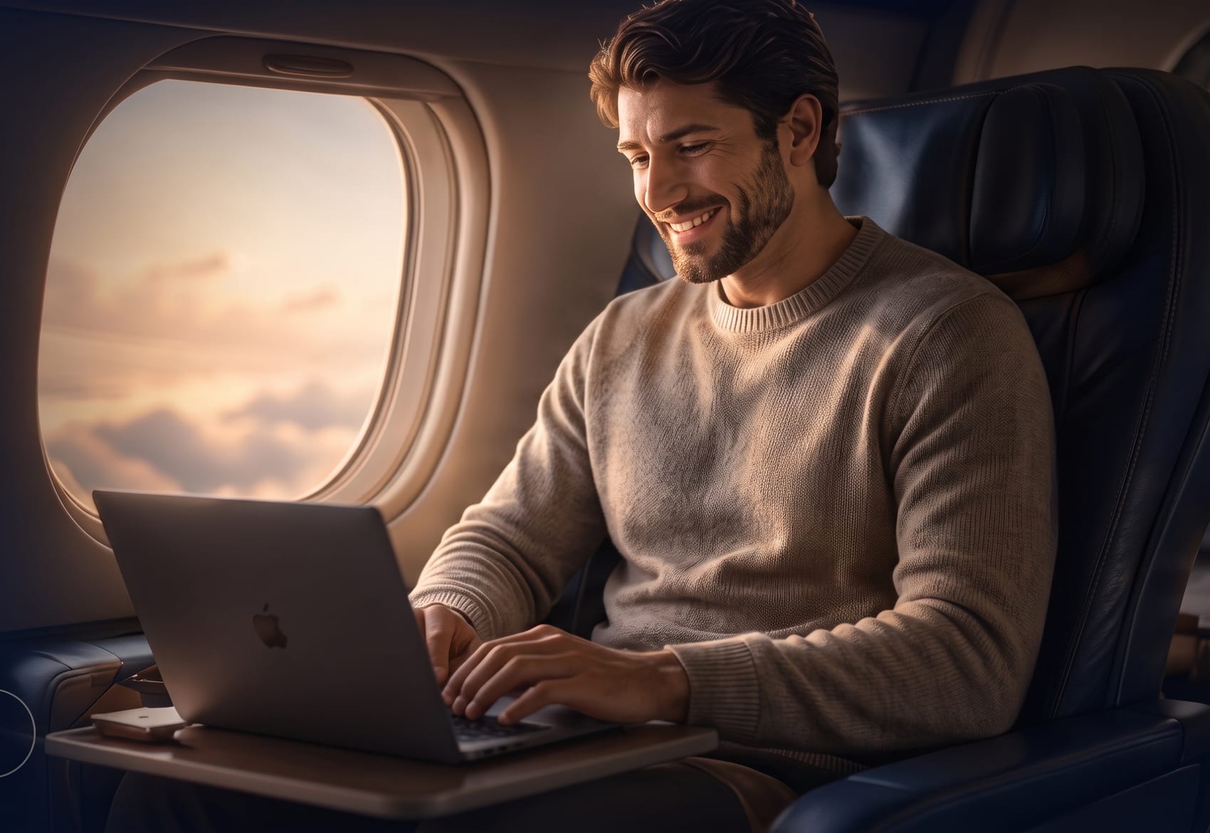 Profesional sonriente trabajando desde su portátil durante un vuelo al atardecer